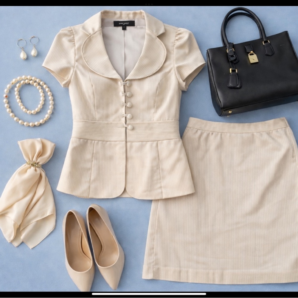 Nine West Church Brunch Suit Set Cream Pinstripe Skirt Suit Pearl Button Jacket